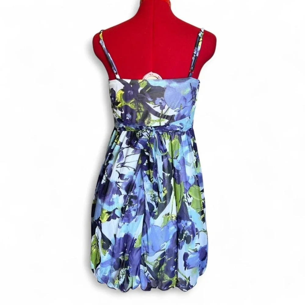 IZ Byer Y2K Purple Blue & Green Watercolor Floral Milkmaid Tie Back Dress Medium